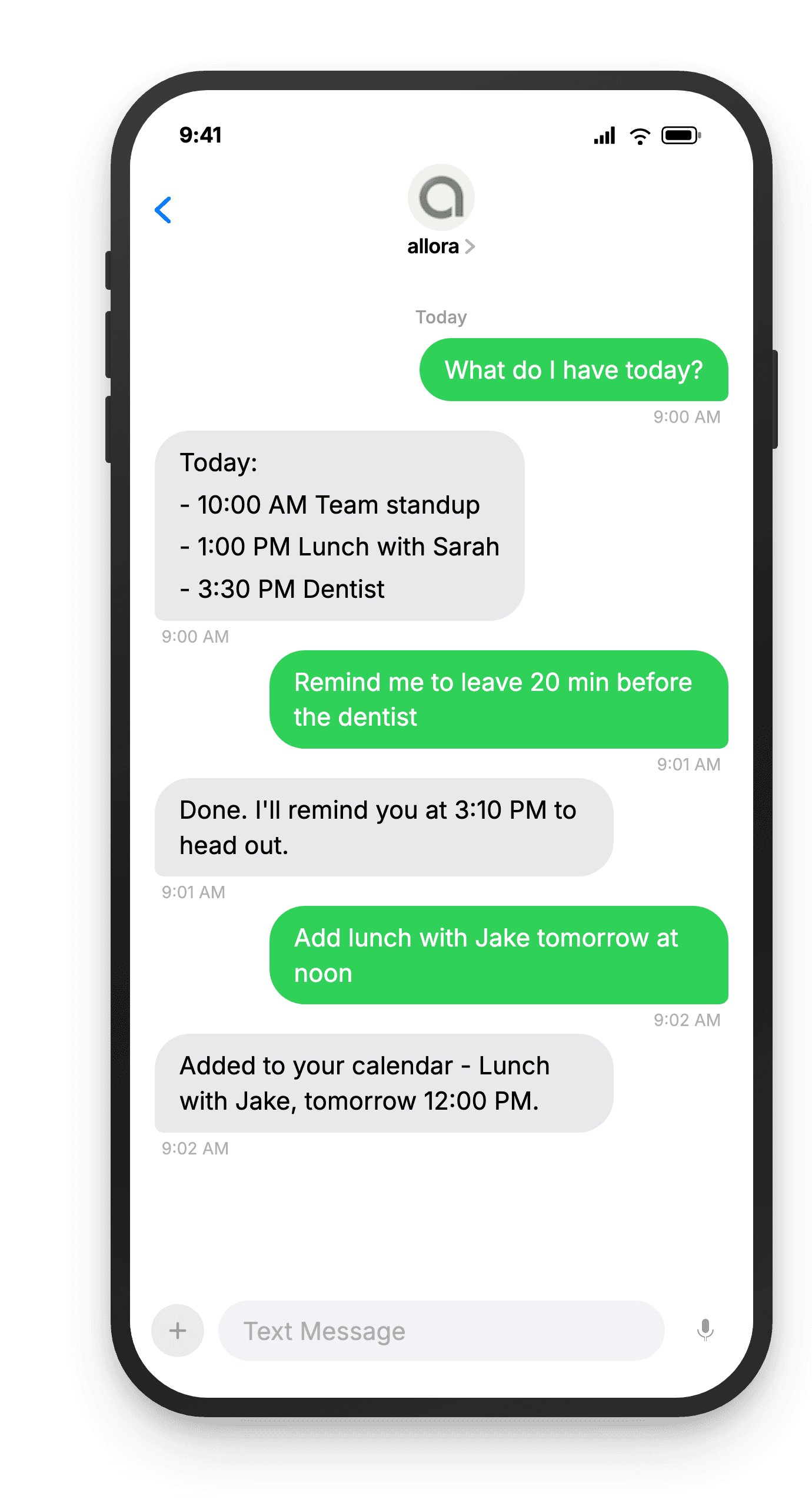 Calendar-aware reminders on a phone: allora lists the day's calendar events, sets a reminder to leave before an appointment, and adds a new event.