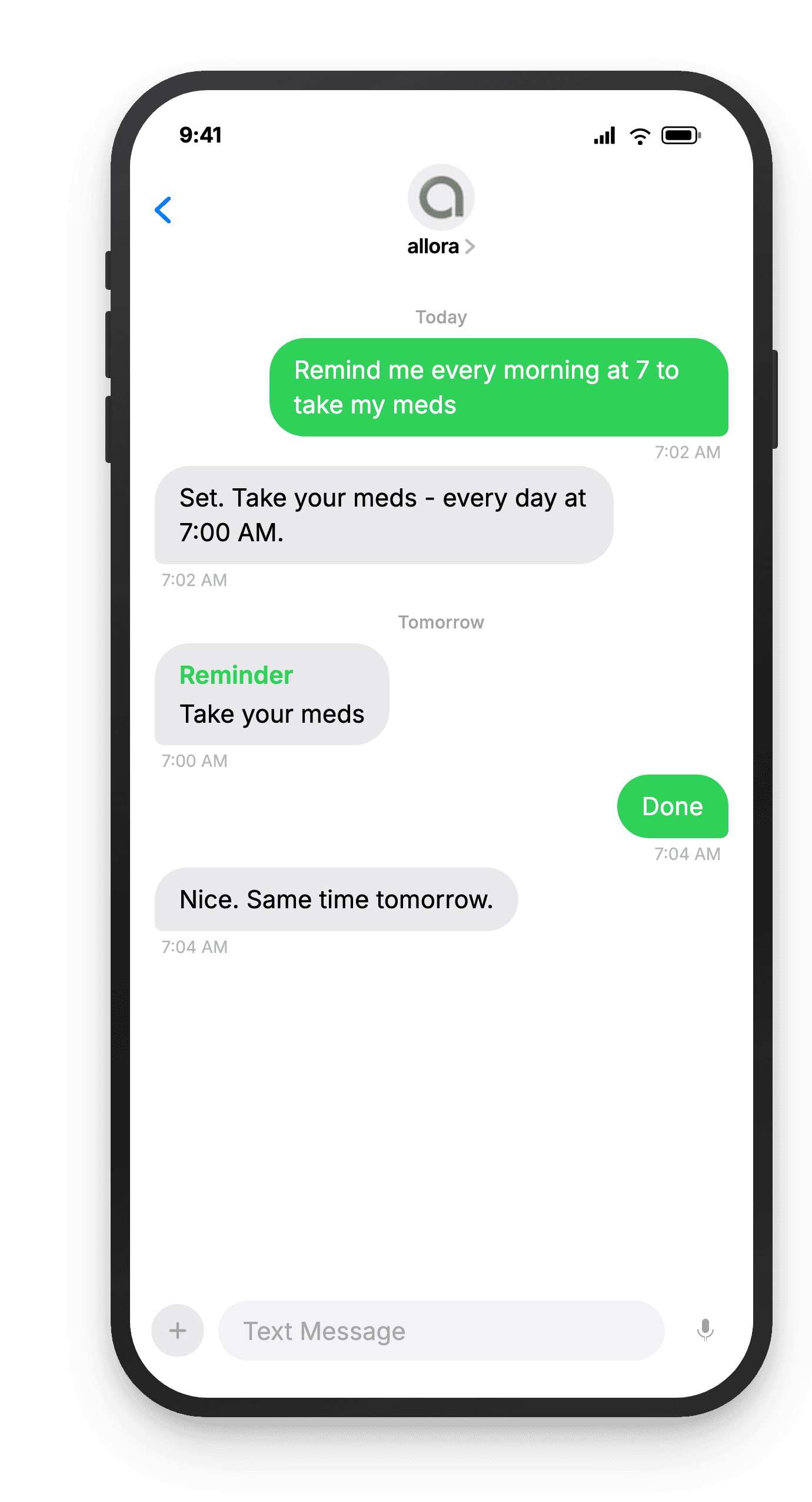 Habit tracker text conversation: the user sets a recurring reminder to take meds every morning at 7, gets the reminder text the next day, and replies done.