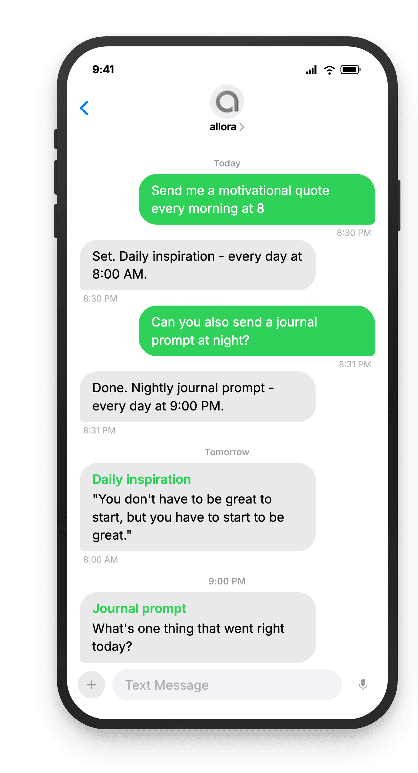 Daily inspiration by text on a phone: the user schedules a morning motivational quote and a nightly journal prompt, and allora delivers both on schedule.