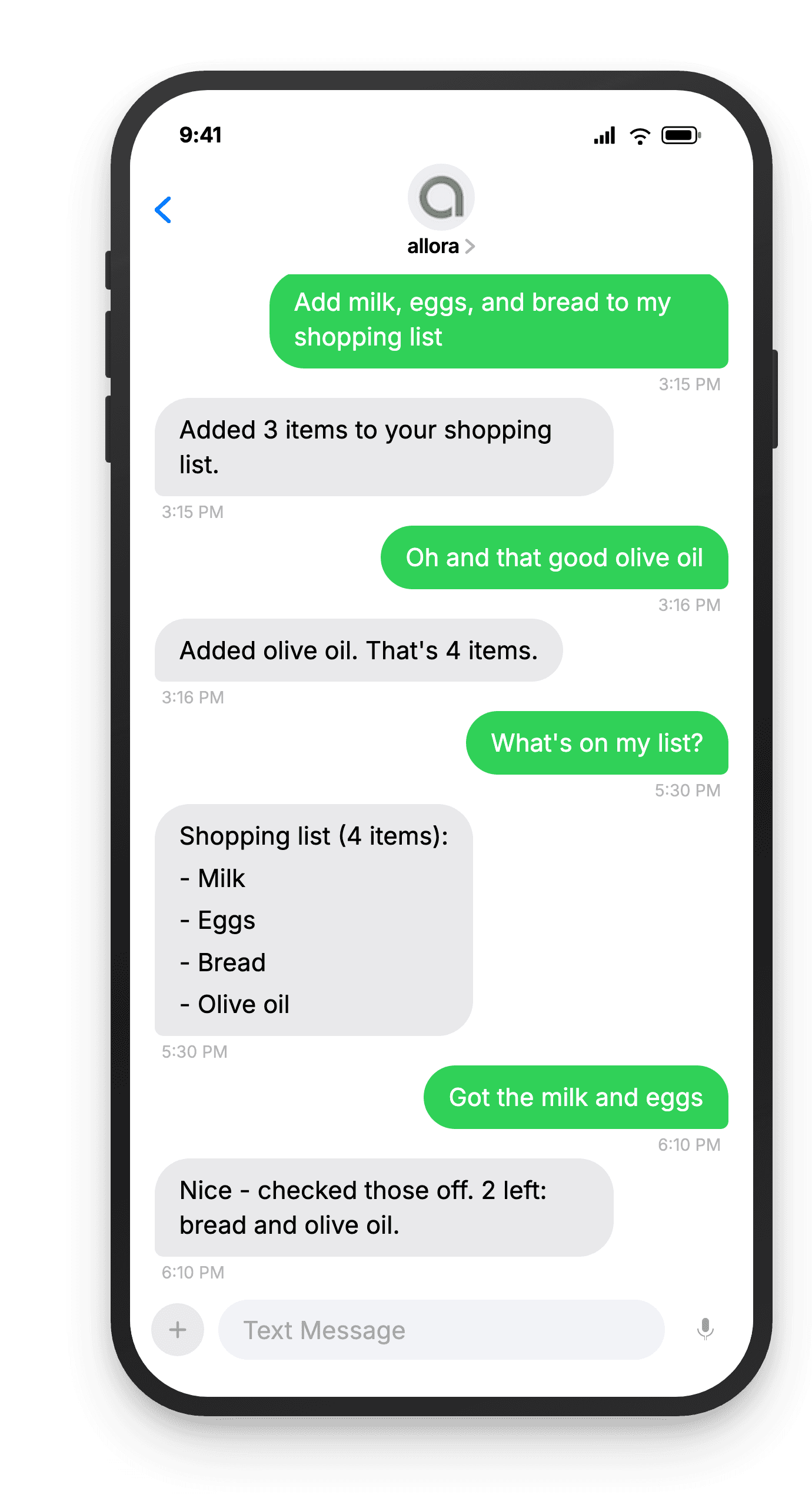 Shopping list by text on a phone: the user adds milk, eggs, and bread, asks for the list, and checks items off as allora keeps track.