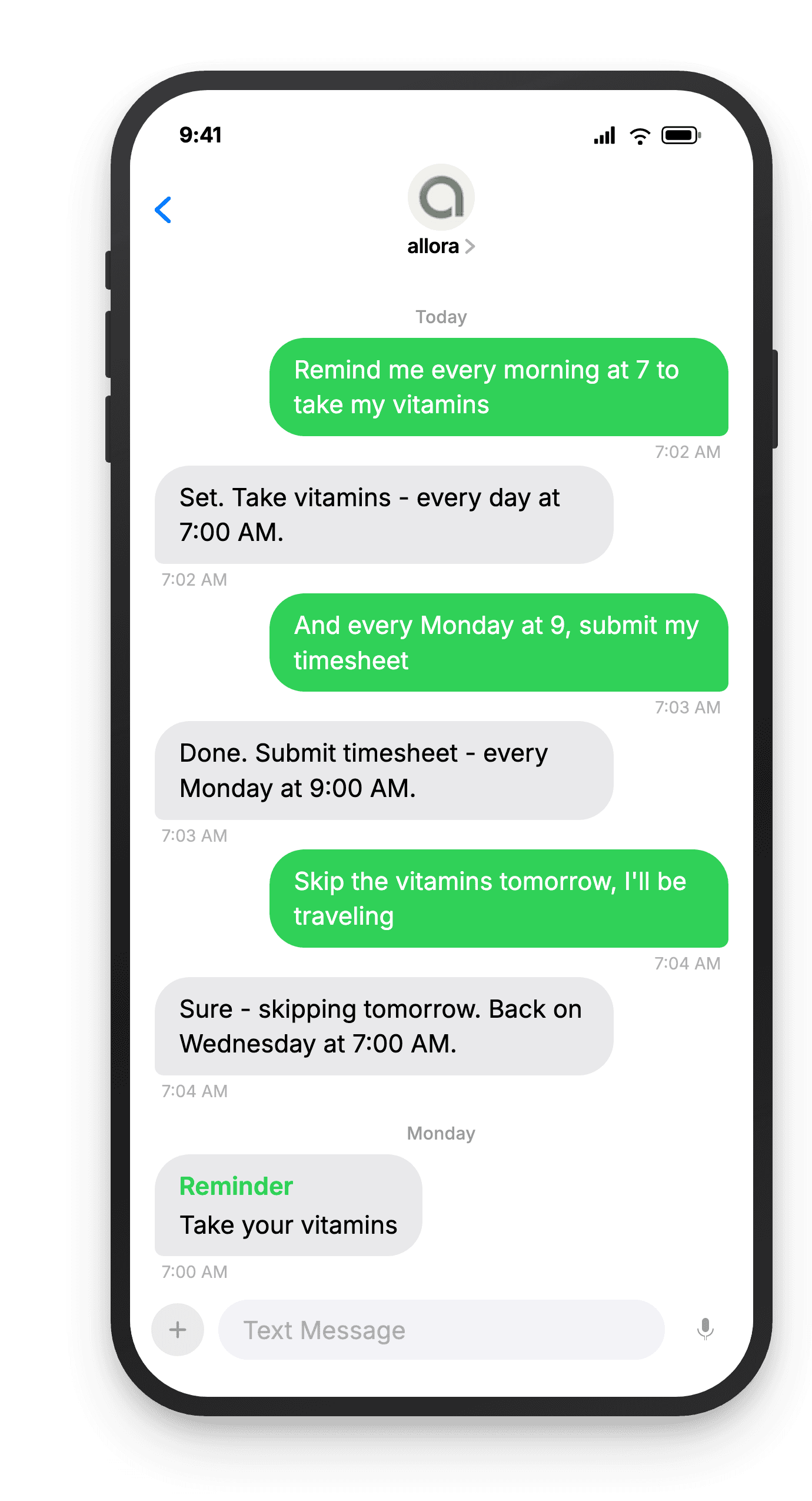 Recurring text reminders on a phone: the user sets a daily vitamins reminder and a weekly timesheet reminder, and allora confirms the repeating schedule.