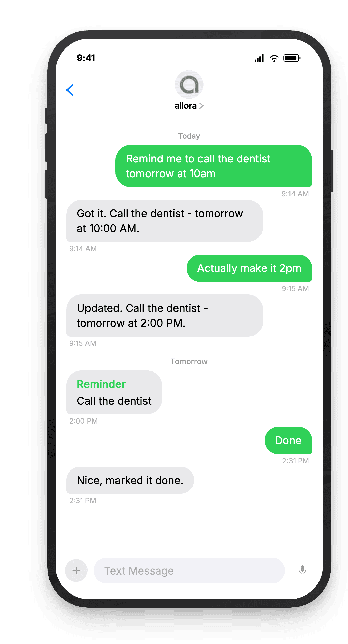 Text reminder conversation on a phone: the user asks allora to remind them to call the dentist, changes the time, and gets an SMS reminder at the right time.