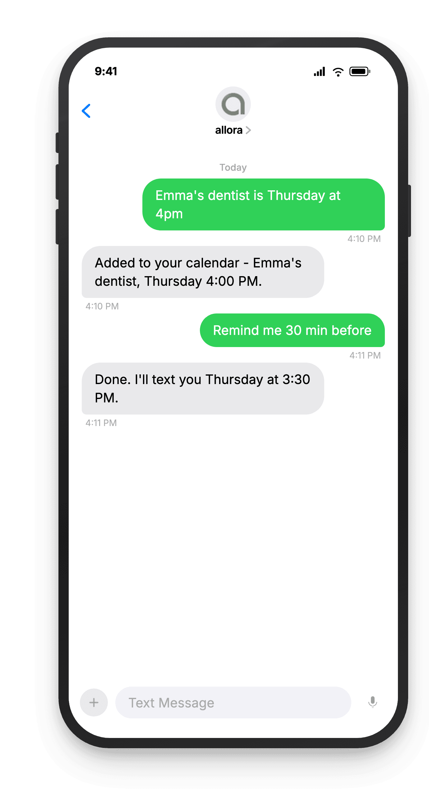 Shared calendar text conversation: the user texts a kid's dentist appointment, allora adds it to the calendar, and sets a reminder 30 minutes before.