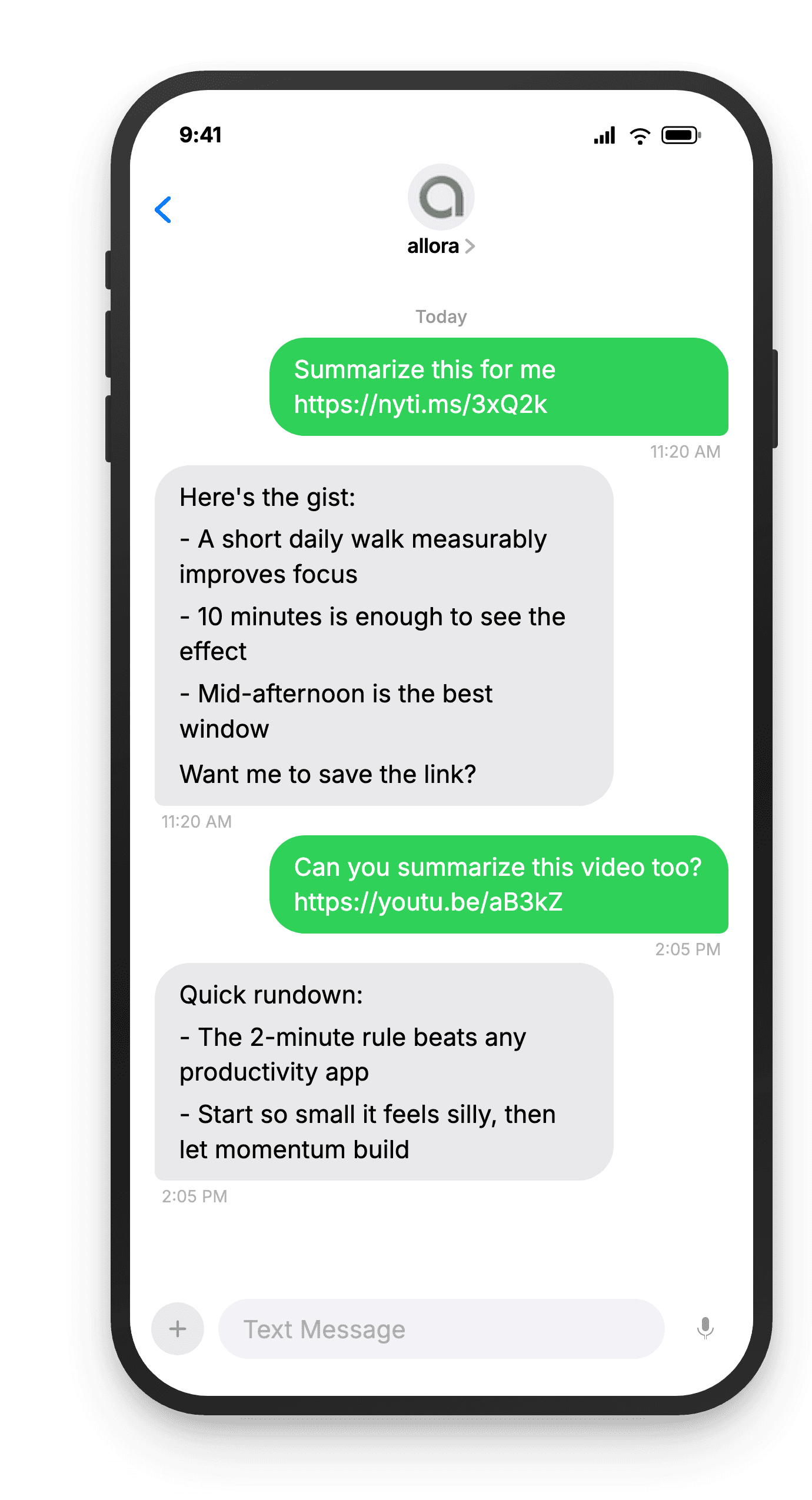 Article and video summaries by text on a phone: the user sends an article link and a YouTube link and allora replies with bullet-point summaries.