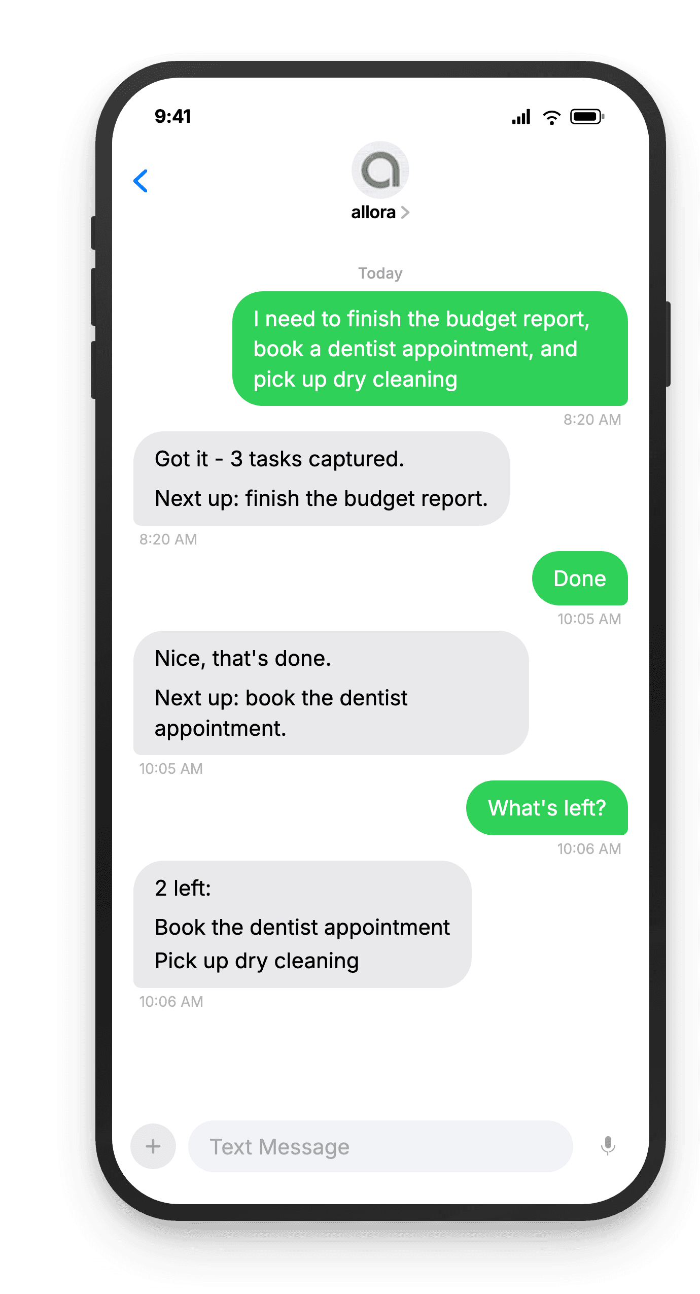 Task management by text on a phone: the user texts three tasks, allora captures them and suggests the next one to do, and the user marks one done.
