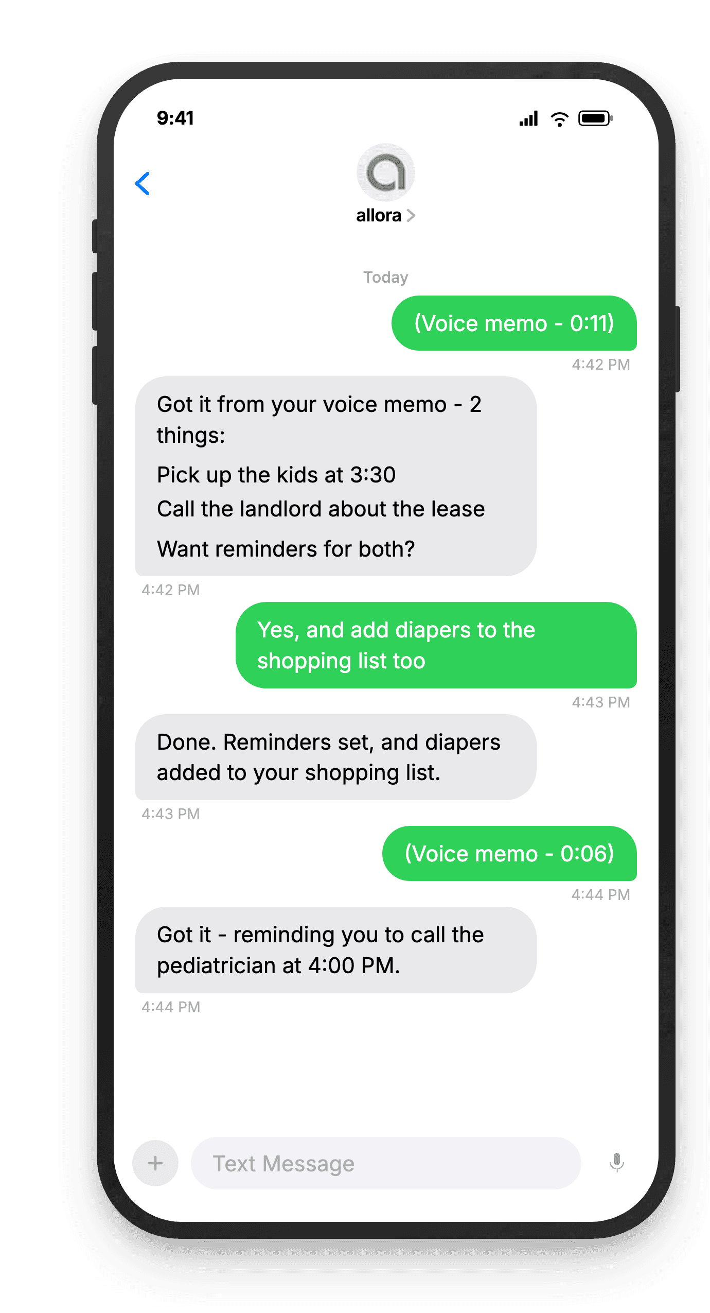 Voice memo reminders on a phone: the user sends a voice memo and allora turns it into reminders and a shopping list item.